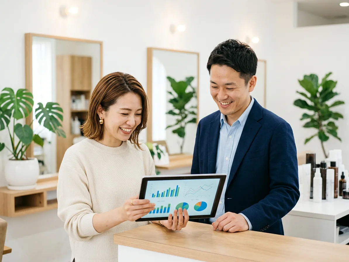 サロンオーナーとコンサルタントがタブレットで成果を確認している様子