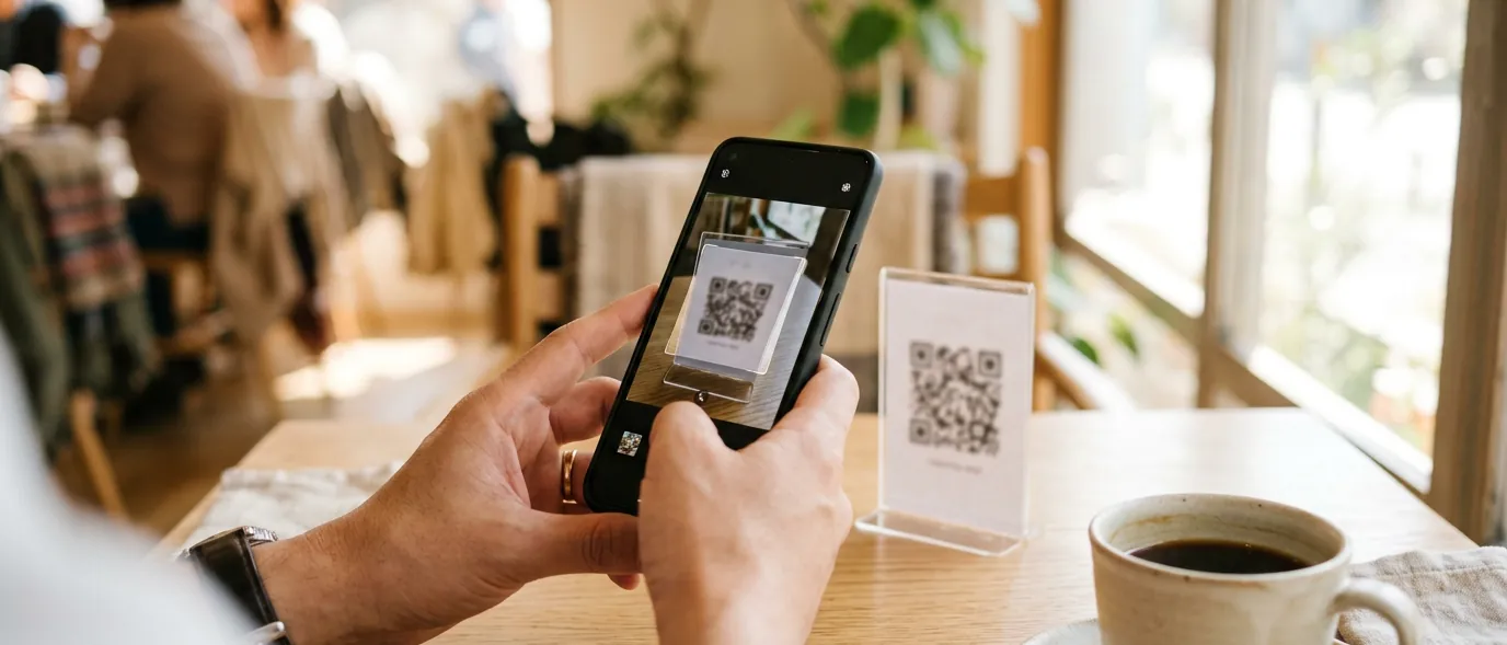 カフェのテーブルでQRコードをスマートフォンで読み取る手元 — LINE友だち獲得の導線