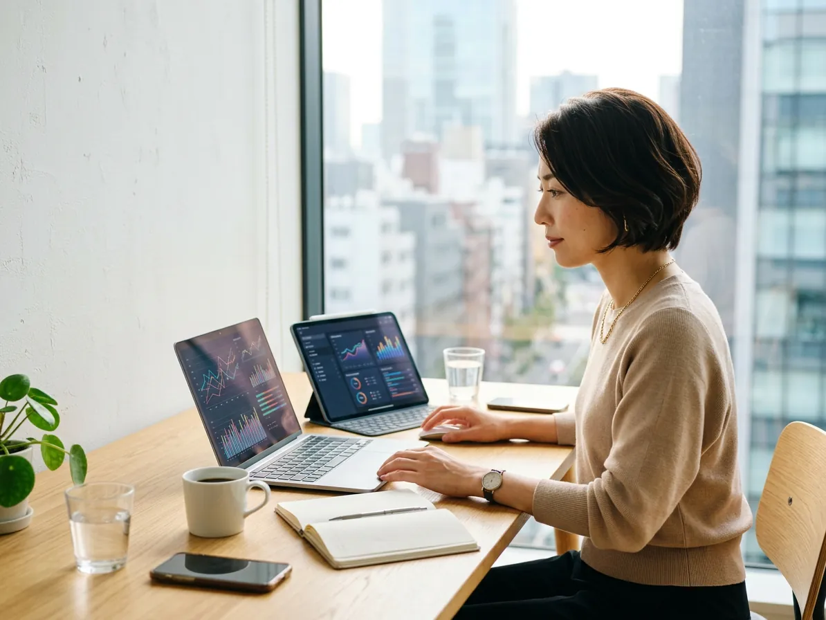 検索広告の成果データをノートPCで分析するマーケター — リスティング広告運用代行