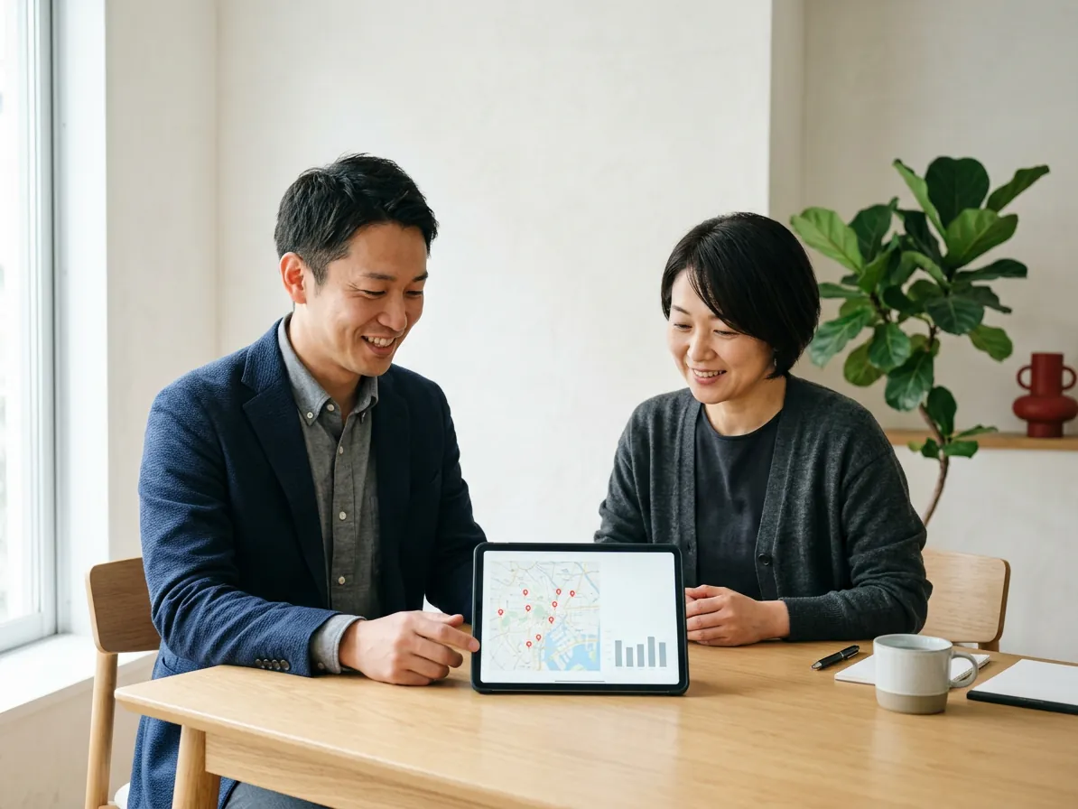 担当者と店舗の経営者がタブレットで地図と数値を見ながら相談している様子（イメージ）