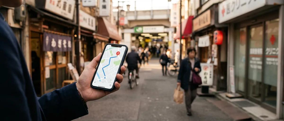 駅前の商店街で、スマートフォンの地図アプリを使ってお店までの道を調べる様子（イメージ）
