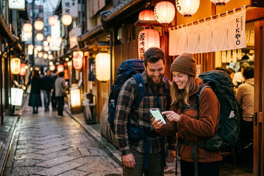 地図アプリを見ながらお店を探す旅行者（イメージ）