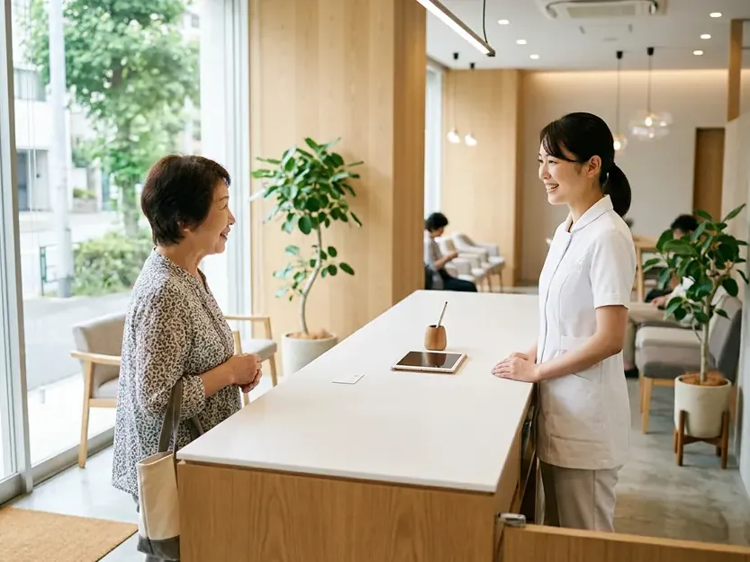 明るいクリニックの受付 — 待合室向けデジタルサイネージの設置