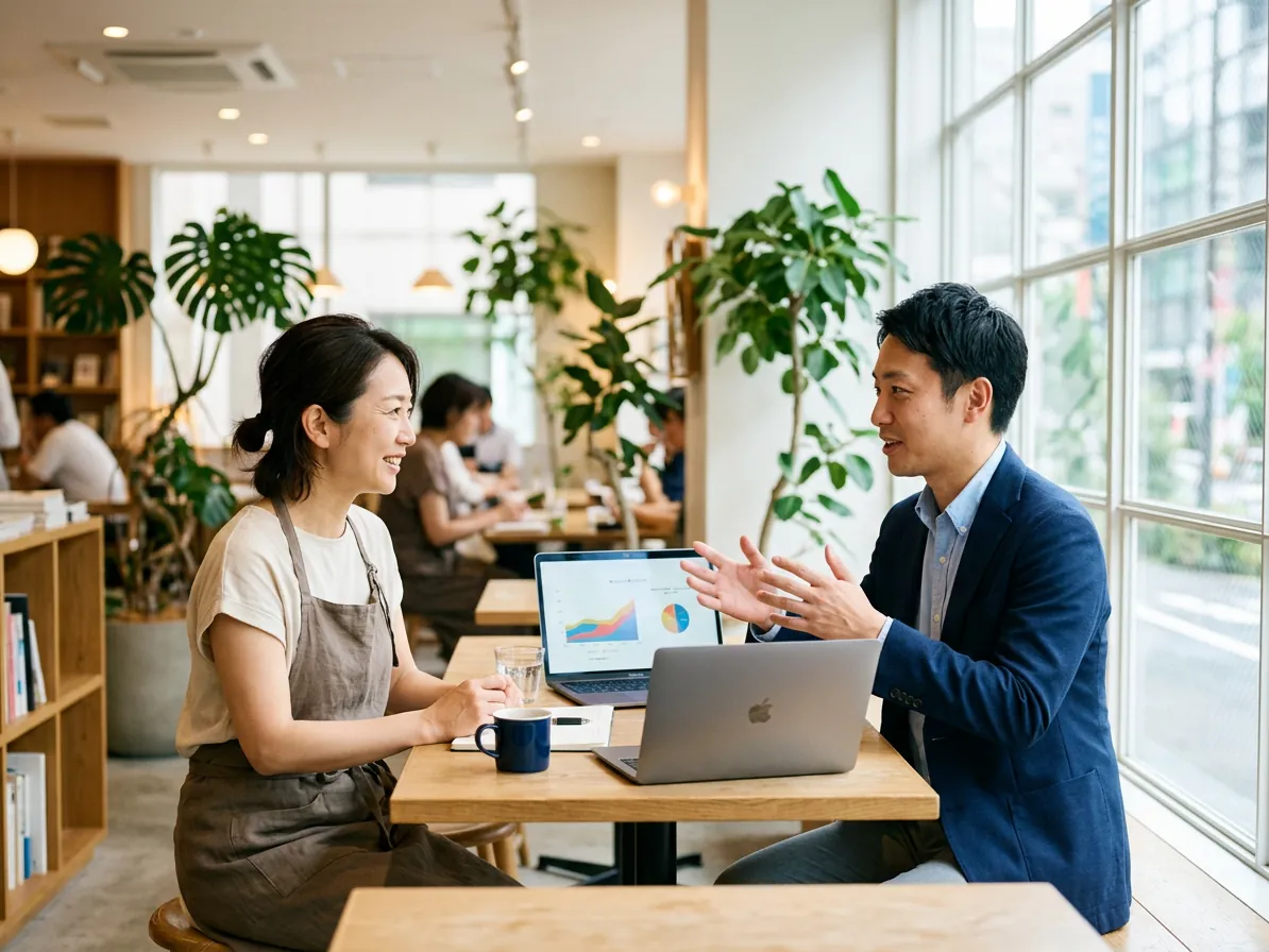 コンサルタントが店舗オーナーにSNS広告の提案をしている様子