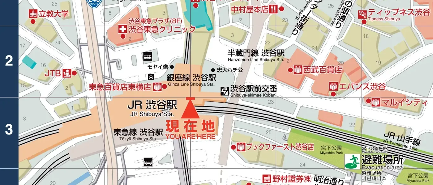 駅周辺案内図の地図面サンプル — 掲載店舗の位置が地図上にプロットされる