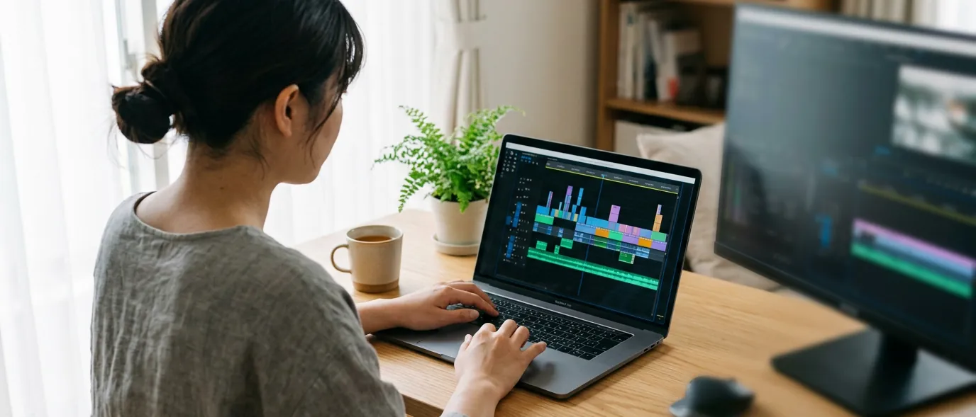 動画広告の編集画面に向かうクリエイターの手元 — HIBURIは制作と運用を一体で行う