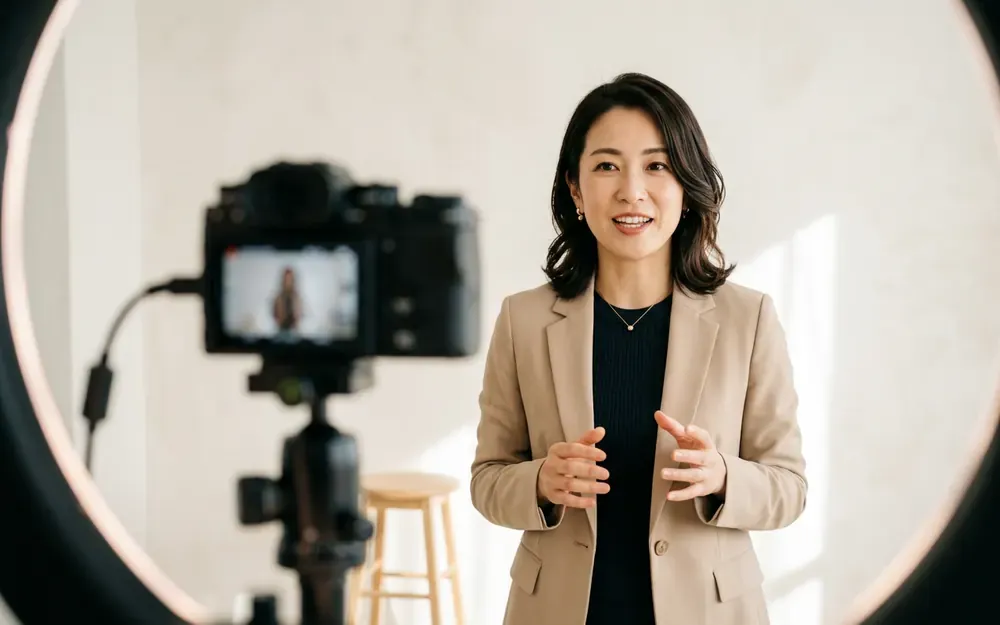 カメラに向かって専門知識を語る女性 — 企業YouTubeチャンネルの戦略相談
