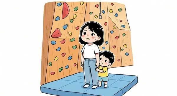 親子で初チャレンジ！ — コマ1：ドキドキ…大きい壁だ…
