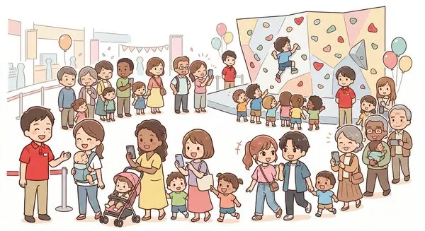 イベント大成功！SNSでバズる — コマ3：すごい行列…大人気じゃん！
