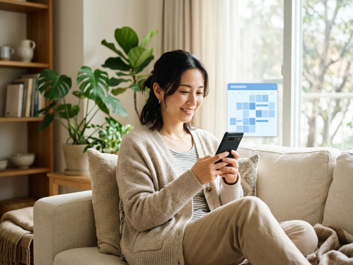 自宅でスマートフォンからクリニックの予約をする女性
