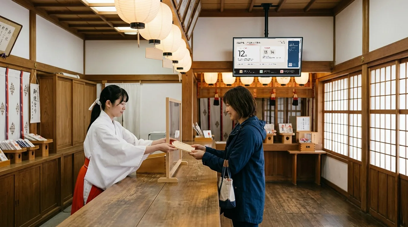神社の社務所受付。奥の天井にご祈祷VISIONのモニターが設置されている（設置イメージ）