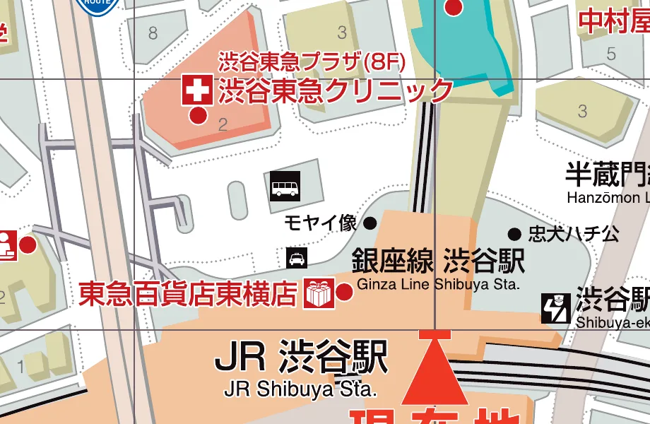 地図面に赤文字で施設名を表記した例