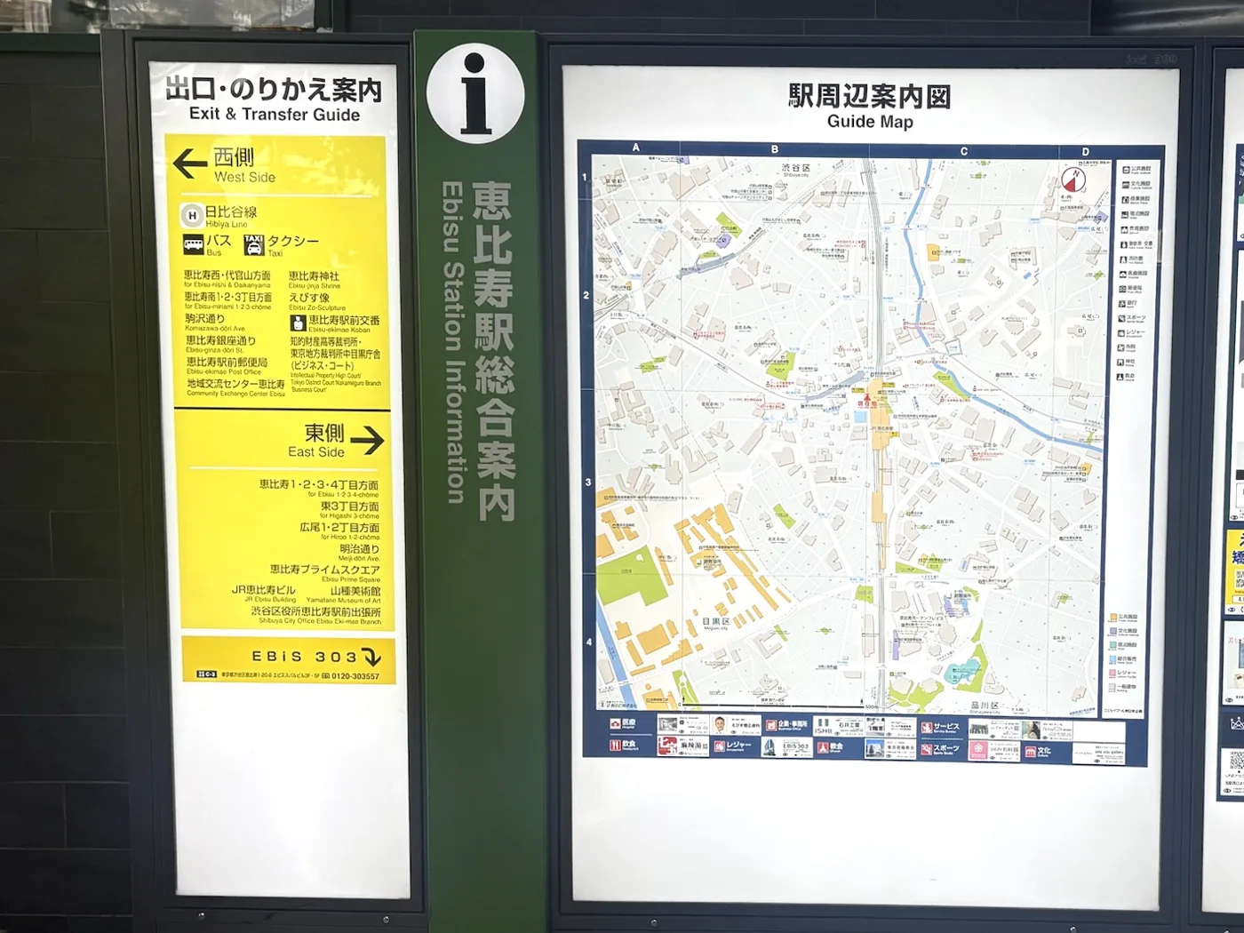 JR恵比寿駅 改札前に設置された駅周辺案内図(出口・のりかえ案内と並ぶ総合案内)