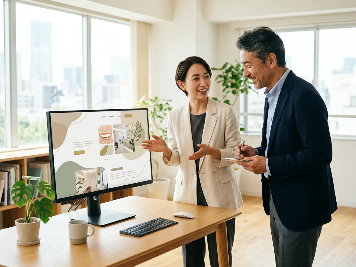 クリニックの院長にWEBサイトのデザイン案を提案するWEBデザイナー
