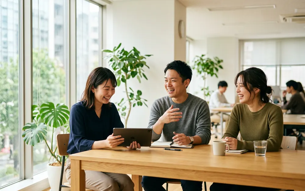 打ち合わせ中に笑い合う若手社員 — 職場の雰囲気を伝える採用動画のイメージ