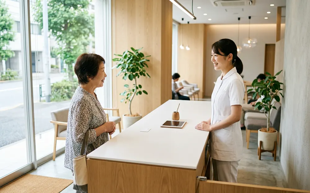 クリニックの受付で患者を笑顔で迎えるスタッフ — 集客・販促につながる動画のイメージ