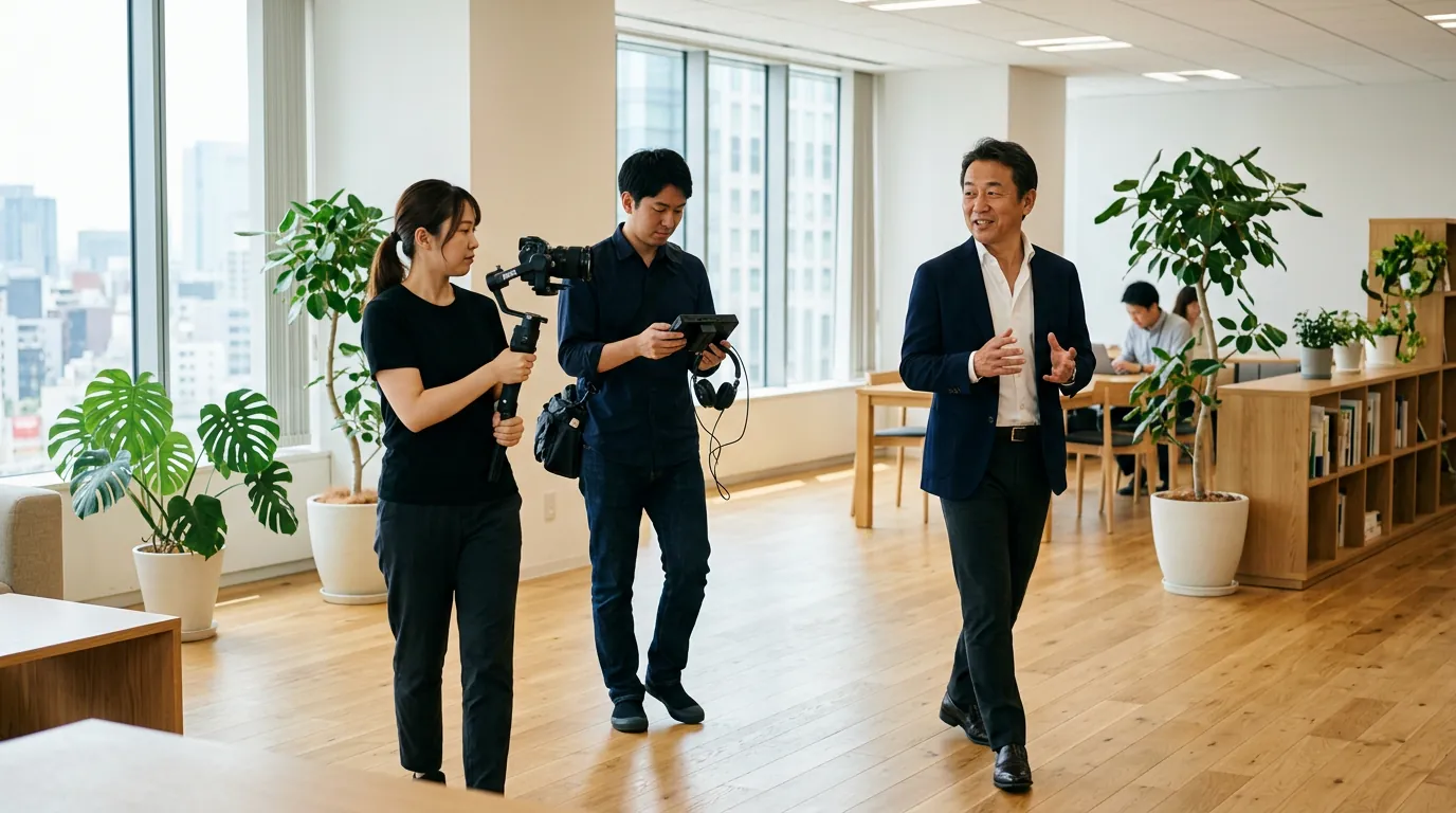 オフィスで経営者を撮影する動画制作クルー — 撮影・編集から広告運用までワンストップで対応